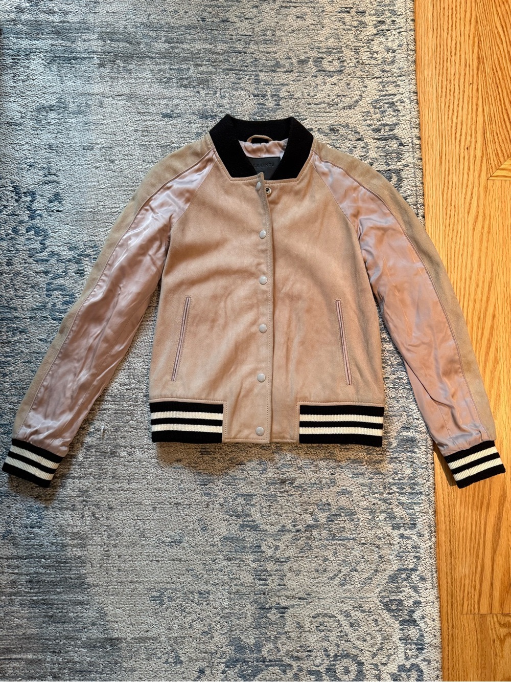 All Saints Blush Pink & Black Suede & Satin Varsity Bomber Jacket Small